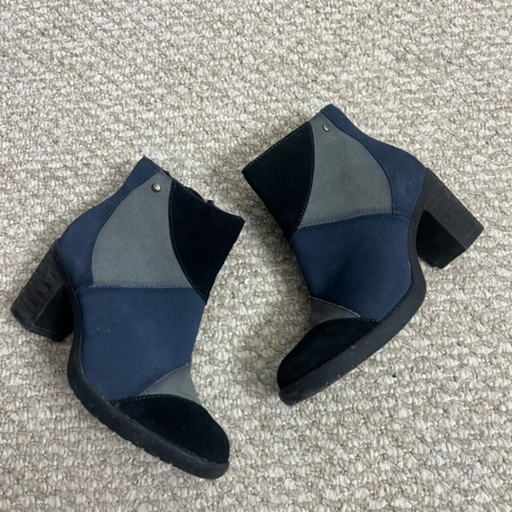 Earth Malta Suede Leather Chunky Heeled Ankle Boot, Black Blue Boho Patchwork